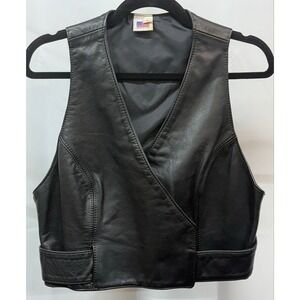 VTG Made in USA Black Leather Wrap Snap Vest Biker Rock Sz L-Runs‎ small PTP 17"